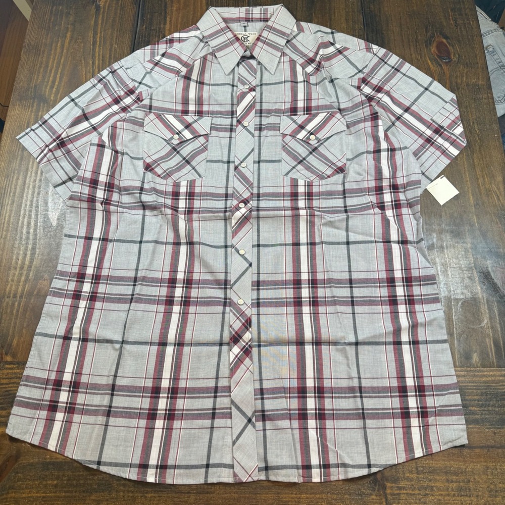 Corral West Ranch Wear Mens XL Grey Burgundy Plaid Short Sleeve Pearl Snap Shirt
